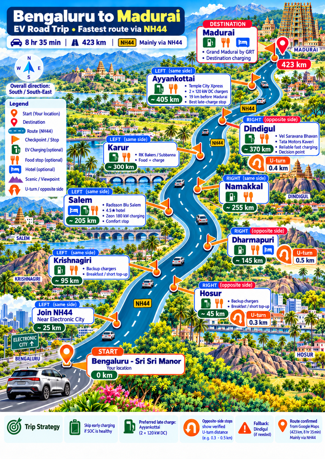 Example A4 EV road-trip map: Bengaluru to Madurai via NH44, with verified chargers, hotels, same-side stops and U-turn distances.